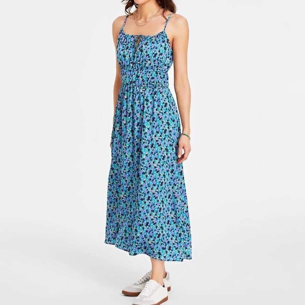 On 34th Teal Aqua Ditsy Floral Flower Smocked Midi Dress Purple Coral Medium NWT